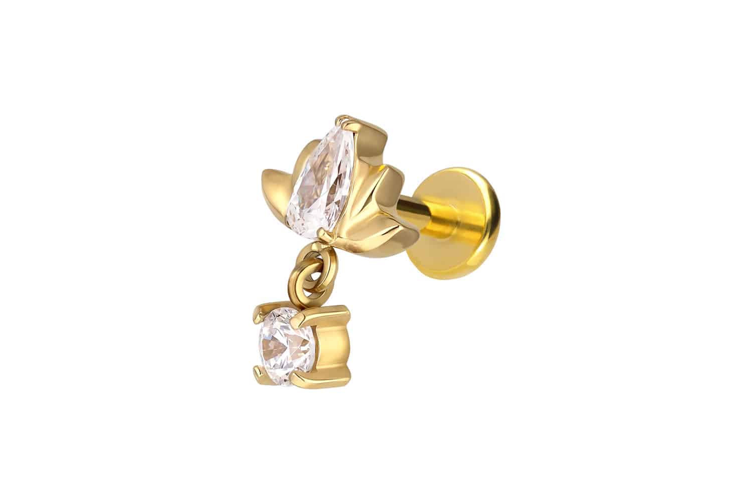 Titan Labret Piercing mit Push Fit LOTUSBLÜTE + KRISTALL